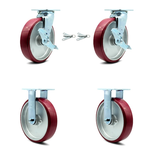 8 Inch Poly on Aluminum Caster Set with 2 Brakes/Swivel Lock 2 Rigid SCC